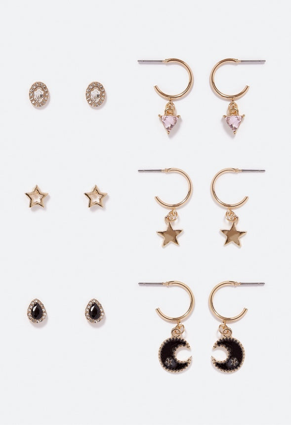 6-Pair Pack Linda Celestial Glass Stones Mix Earri Jet/ Crystal/ Gold