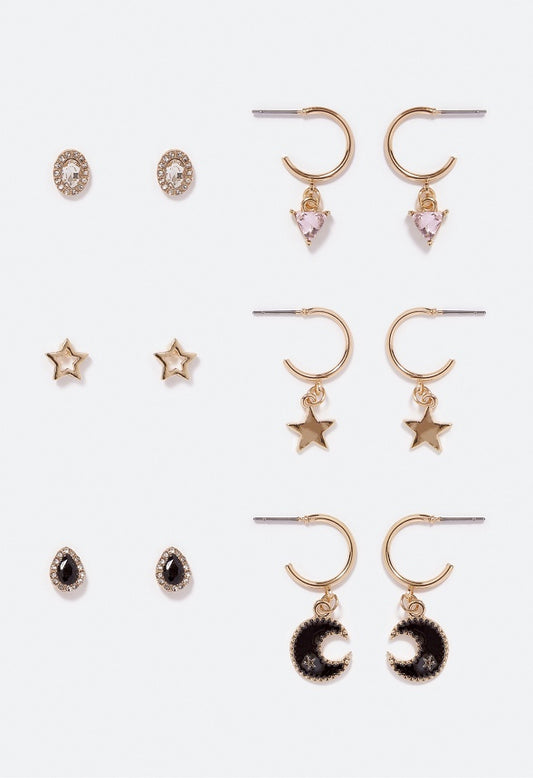 6-Pair Pack Linda Celestial Glass Stones Mix Earri Jet/ Crystal/ Gold