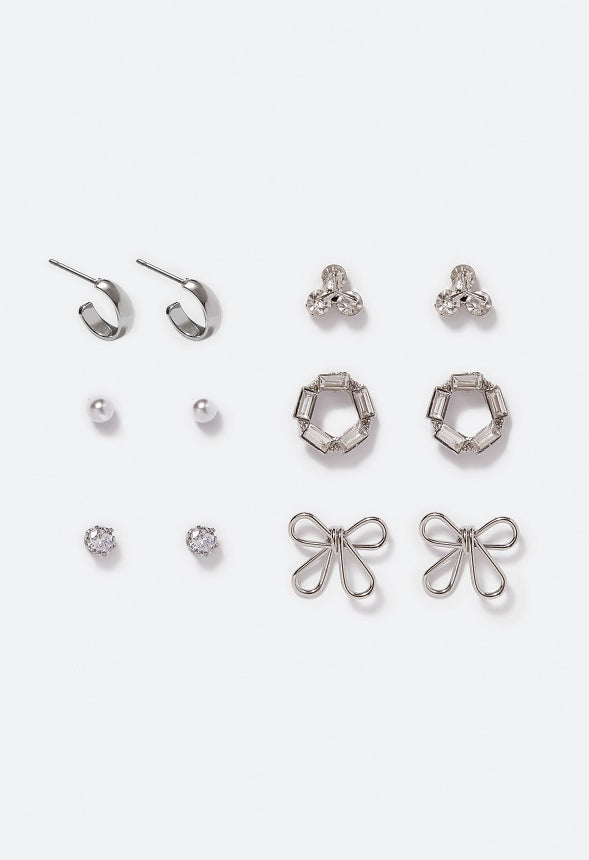 6-Pair Pack Aya Cubic Zirconia Stud Earrings Crystal/ Silver