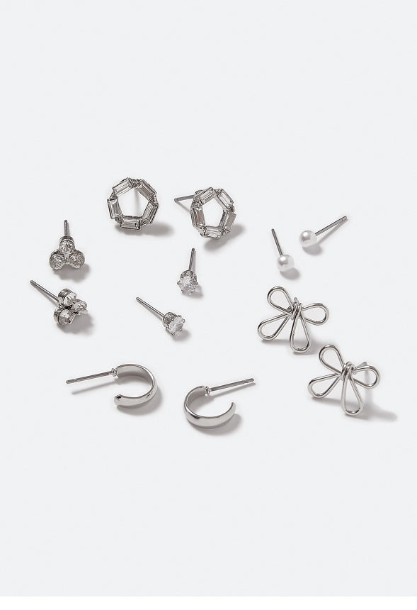 6-Pair Pack Aya Cubic Zirconia Stud Earrings Crystal/ Silver