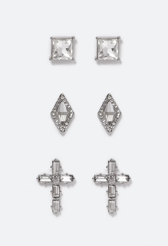 3-Pair Pack Olivia Glass Stone Cross Stud Earrings Crystal/ Silver