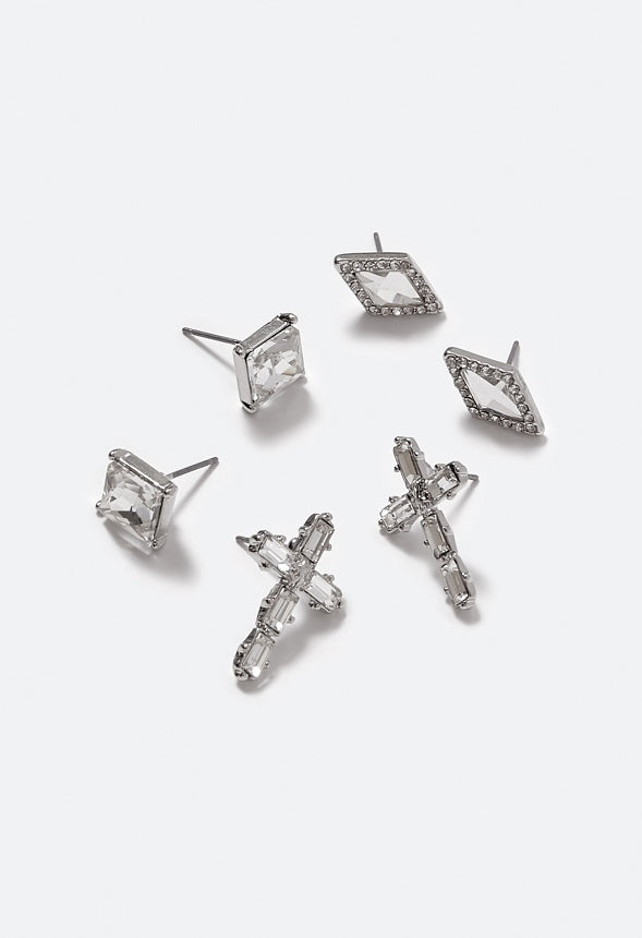 3-Pair Pack Olivia Glass Stone Cross Stud Earrings Crystal/ Silver