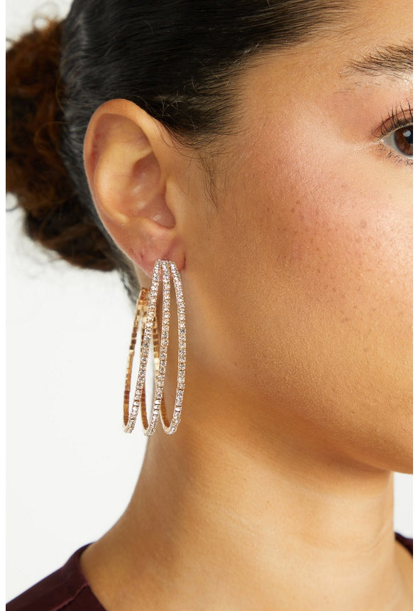 Aliya Rhinestone Triple Hoops Earrings Crystal/ Gold
