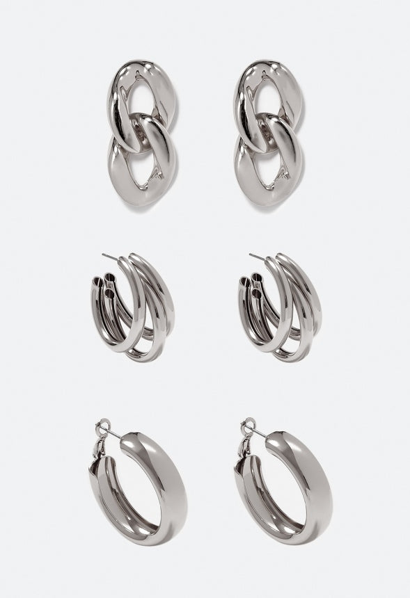 3-Pair Pack Livia Metal Mix Earrings Silver