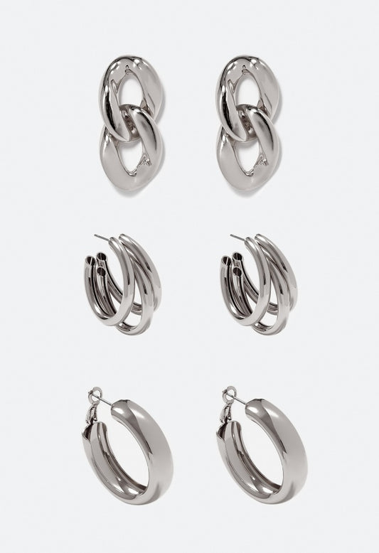 3-Pair Pack Livia Metal Mix Earrings Silver
