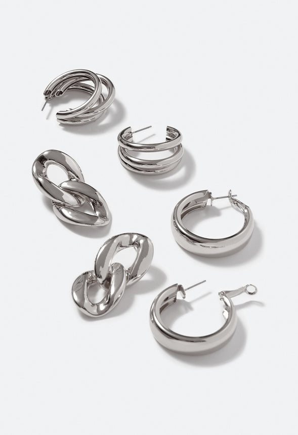 3-Pair Pack Livia Metal Mix Earrings Silver