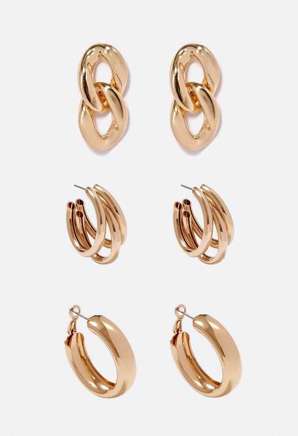 3-Pair Pack Livia Metal Mix Earrings Gold