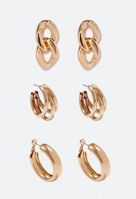 3-Pair Pack Livia Metal Mix Earrings Gold