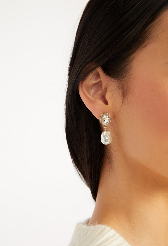 Nena Oval Crystal And Irregular Pearl Drop Earring Crystal/ Gold