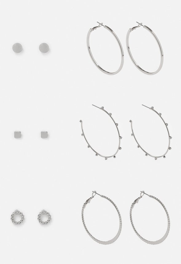6-Pairs Pack Alia Mixed Studs and Hoops Earrings Silver