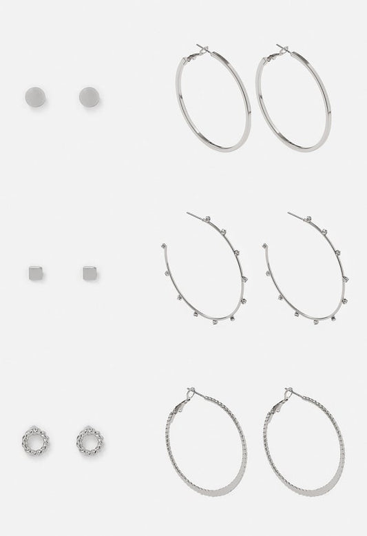 6-Pairs Pack Alia Mixed Studs and Hoops Earrings Silver