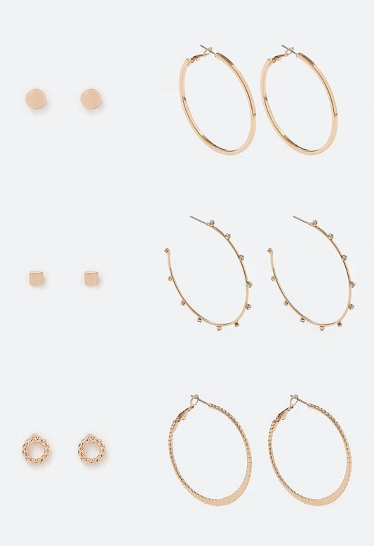 6-Pairs Pack Alia Mixed Studs and Hoops Earrings Gold