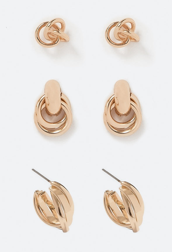 3-Pairs Macy Twisted Knot Mixed Earrings Pack  Gold