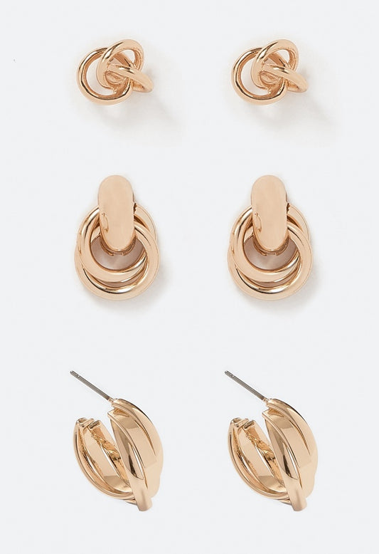 3-Pairs Macy Twisted Knot Mixed Earrings Pack  Gold