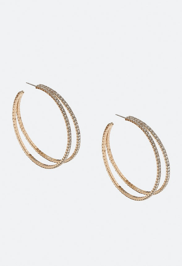 Edie Double Row Glass Rhinestone Hoop Earrings Crystal/ Gold