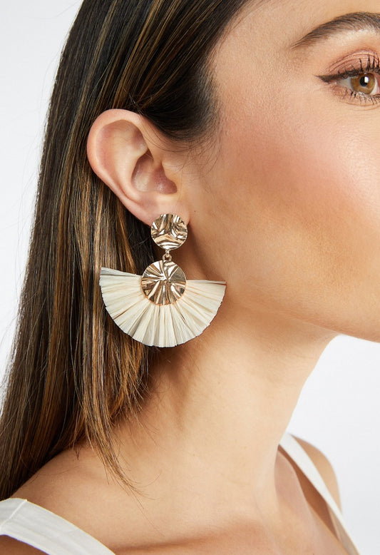 Elia Hammered Metal Disc And Cream Raffia Fringe Drop Earrings Cream/ Gold