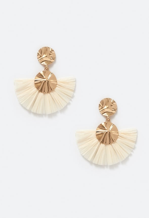 Elia Hammered Metal Disc And Cream Raffia Fringe Drop Earrings Cream/ Gold