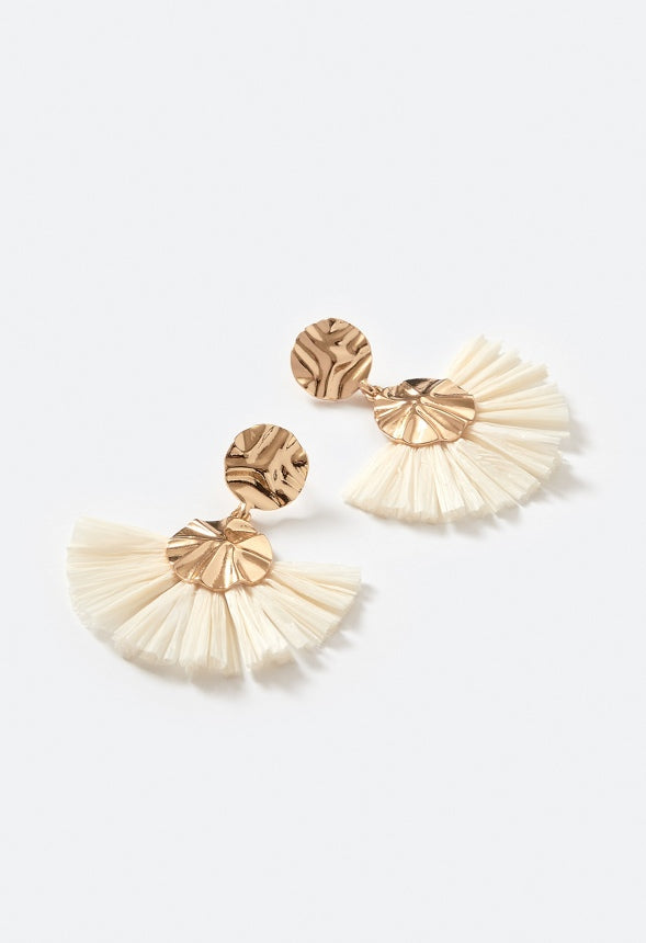 Elia Hammered Metal Disc And Cream Raffia Fringe Drop Earrings Cream/ Gold