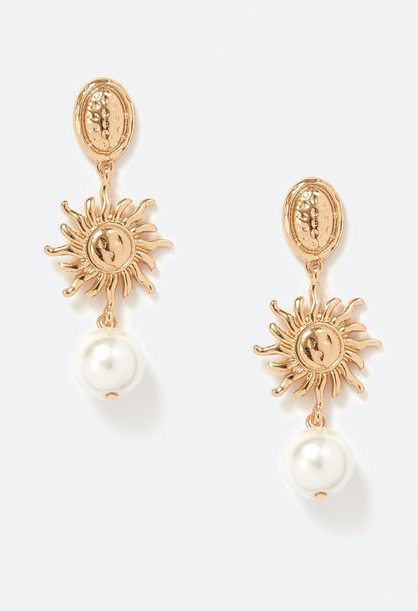 Lina Molten Metal Sun Charm And Glass Pearl Drop Earrings Gold