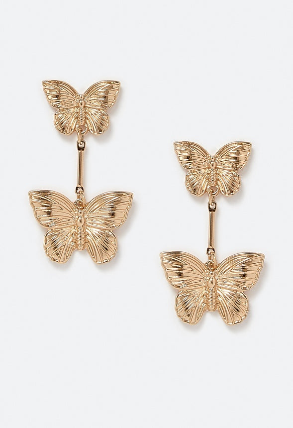 Leyla Butterfly Stud Earrings With Hanging Butterfly Drops Gold