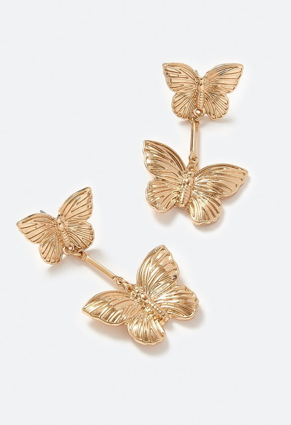 Leyla Butterfly Stud Earrings With Hanging Butterfly Drops Gold