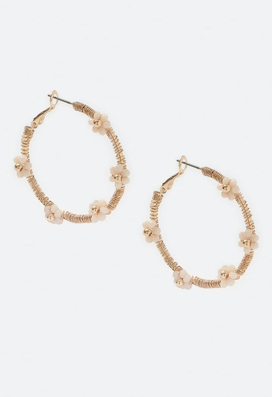 Maisy Tube Hoops Adorned With 5-Bead Flowers Cream/ Gold