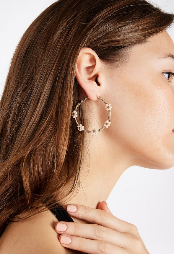 Maisy Tube Hoops Adorned With 5-Bead Flowers Cream/ Gold