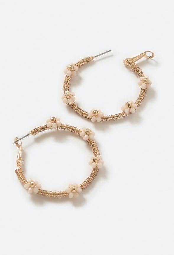 Maisy Tube Hoops Adorned With 5-Bead Flowers Cream/ Gold