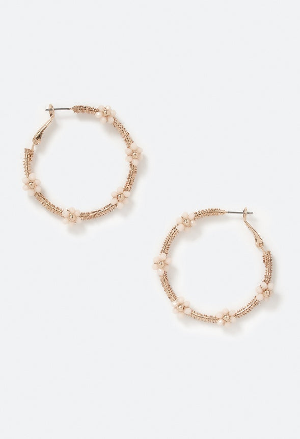 Maisy Tube Hoops Adorned With 5-Bead Flowers Cream/ Gold
