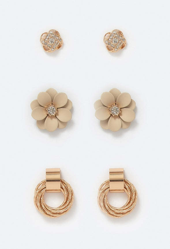 3-Pair Mina Knot Enamel Flower And Twisted Ring Stud Earrings Beige/ Gold
