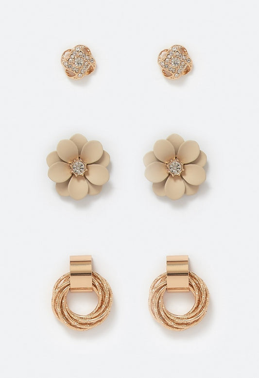 3-Pair Mina Knot Enamel Flower And Twisted Ring Stud Earrings Beige/ Gold