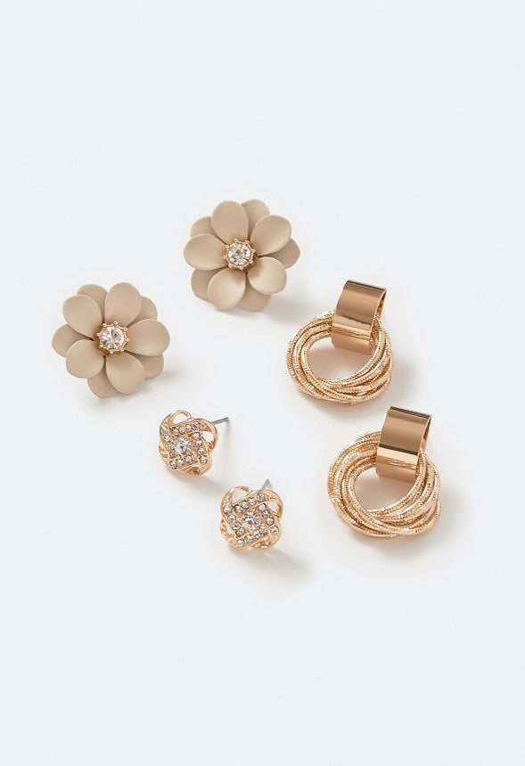 3-Pair Mina Knot Enamel Flower And Twisted Ring Stud Earrings Beige/ Gold