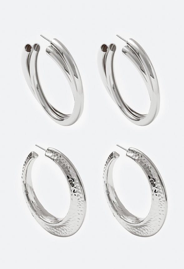 2-Pair Nyra Lightweight Hoops in Hammered Metal and Twist Designs Silver