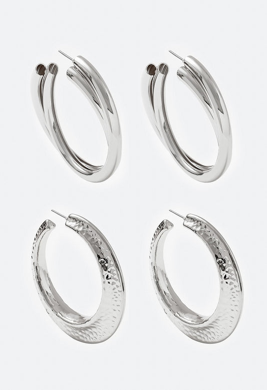 2-Pair Nyra Lightweight Hoops in Hammered Metal and Twist Designs Silver