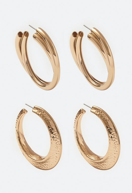 Nyra 2-Pair Lightweight Hoops In Hammered Metal And Twist Designs Gold