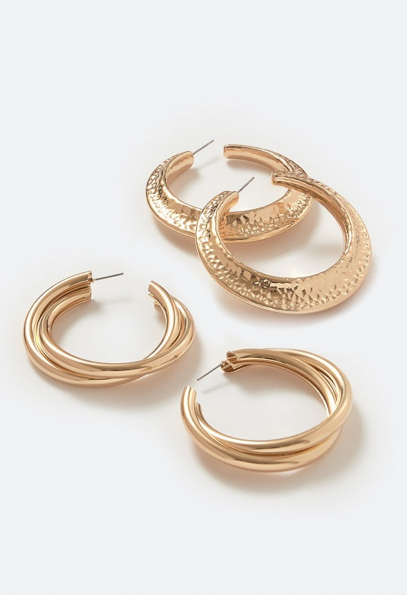 Nyra 2-Pair Lightweight Hoops In Hammered Metal And Twist Designs Gold
