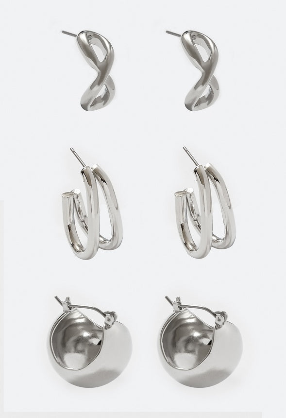 Keira 3-Pair Modern Huggie Hoop Earrings Silver