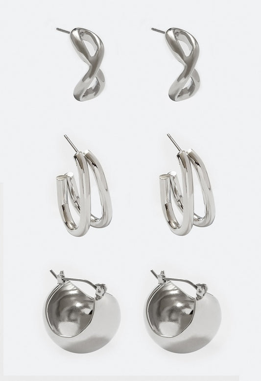 Keira 3-Pair Modern Huggie Hoop Earrings Silver