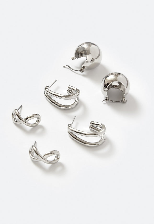 Keira 3-Pair Modern Huggie Hoop Earrings Silver