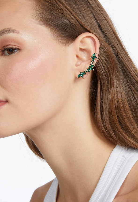 Mina Glass Navette Stone Ear Climber Emerald/ Gold