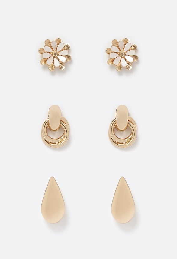 3-Pair Luz Molten Teardrop Door Knocker & Flower Studs Earrings Gold