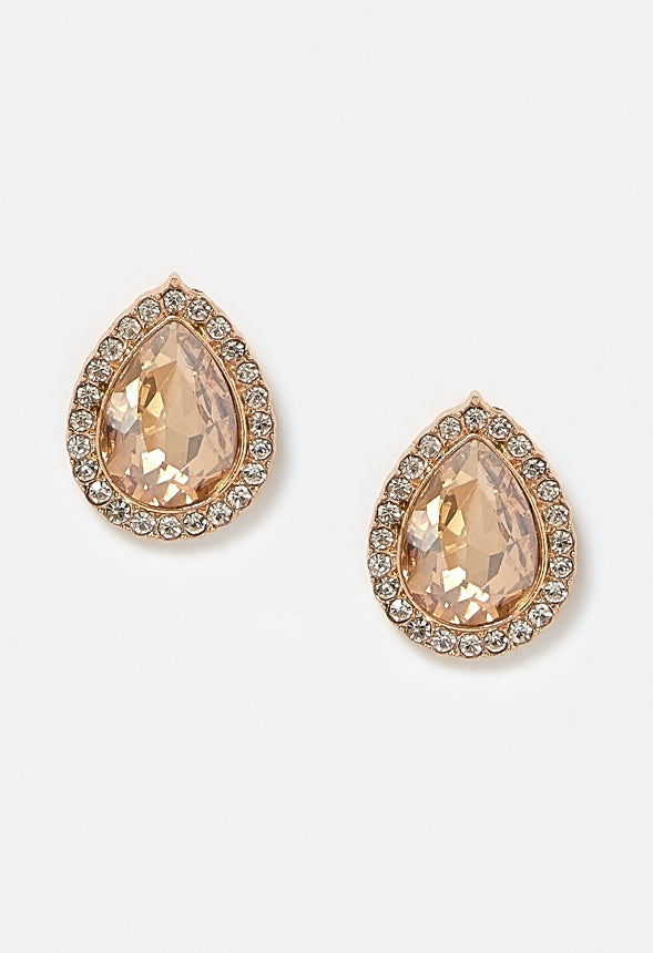 Tru Glass Stone Teardrop With Rhinestones Surrounding Stud Earrings Topaz/ Gold