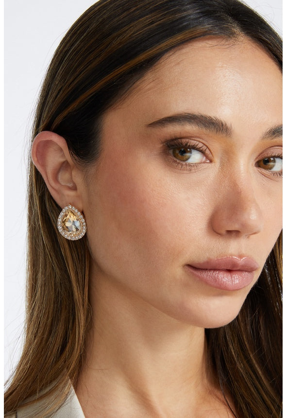Tru Glass Stone Teardrop With Rhinestones Surrounding Stud Earrings Topaz/ Gold