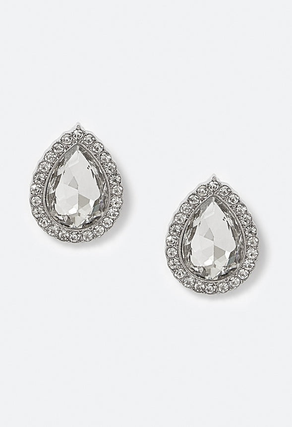 Tru Glass Stone Teardrop With Rhinestones Surrounding Stud Earrings Crystal/ Silver
