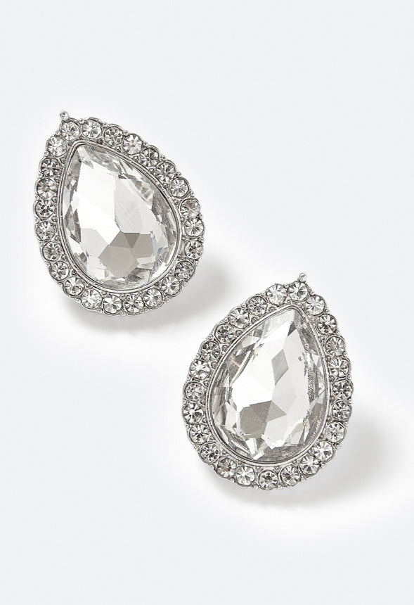 Tru Glass Stone Teardrop With Rhinestones Surrounding Stud Earrings Crystal/ Silver