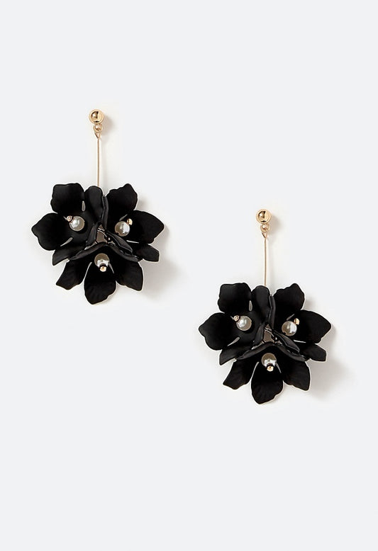 Xyla Color Coated Petals Flowers Drop Earrings  Black/ Gold