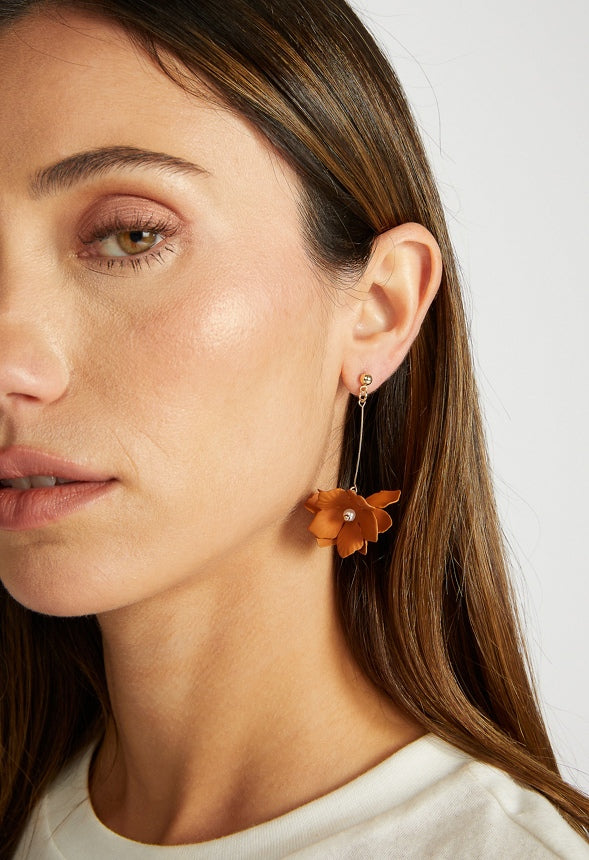 Xyla Color Coated Petals Flowers Drop Earrings Brown/ Gold