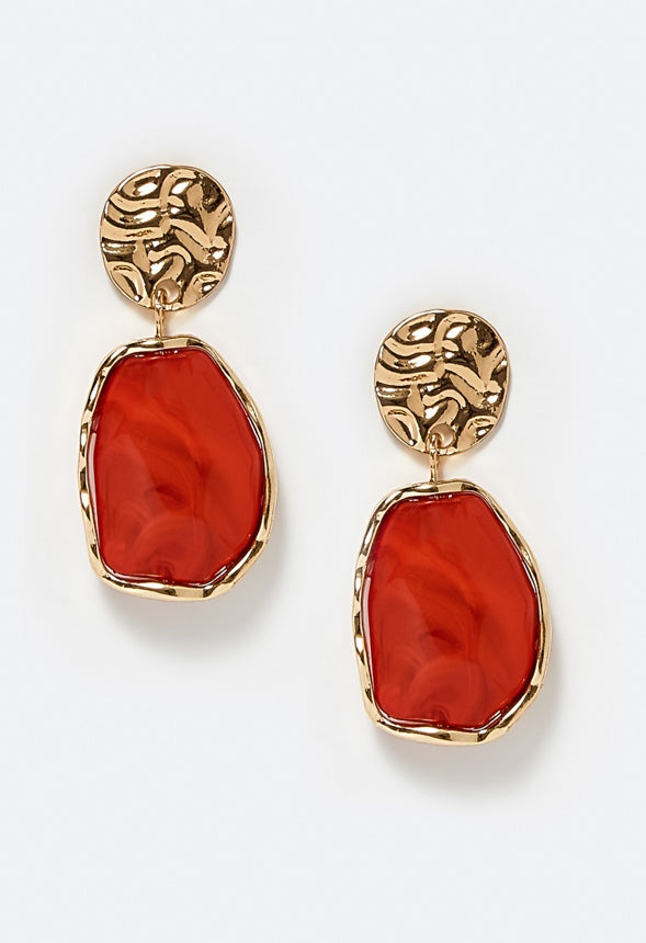 Oma Textured Coin With Irregular Resin Drop Earrin Coral/ Gold