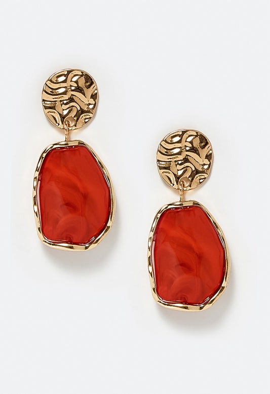 Oma Textured Coin With Irregular Resin Drop Earrin Coral/ Gold