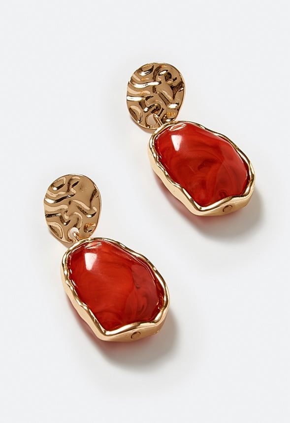 Oma Textured Coin With Irregular Resin Drop Earrin Coral/ Gold